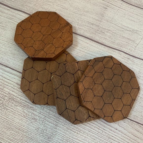 Artisan Market Bark Wood Hexagon Coasters with Honeycomb Pattern Set of 4 - Picture 1 of 9